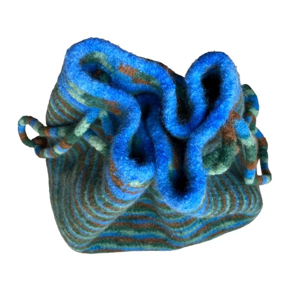 Felted Boiled Wool Multicolored Fall Aesthetic Striped Drawstring Bag Tote - Picture 3 of 9